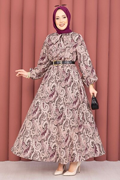 EBRUTESETTÜR Shawl Patterned Waist Gathered Hijab Dress Plum
