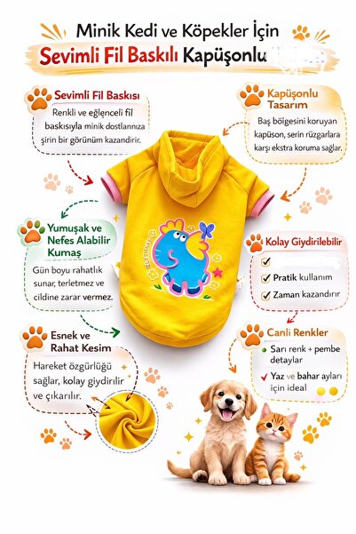 mardog Sevimli Fil Baskılı Kapüşonlu Kedi & Köpek Kıyafeti – Nefes Alabilir K...