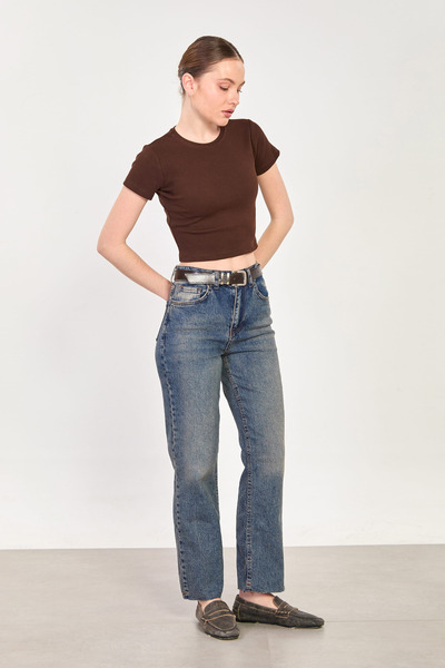 BARRELS AND OIL Women's j92 belted cutout hem straight leg jeans - brown