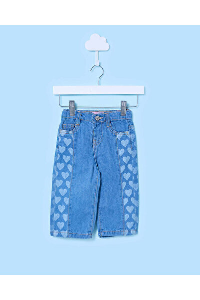 REDTAG Infant Girls Midwash Straight Fit Jeans With Side Heart Print