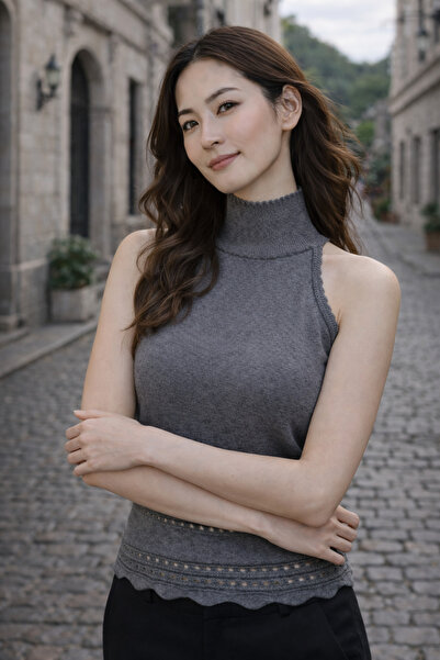 AQE FASHION Women's Knitwear Blouse Anthracite High Neck Sleeveless Ribbed Wo...