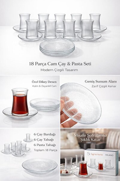 Sigma Milano 18 Parça Cam Çay Ve Pasta Seti 6 Kişilik- Modern Çizgili Premium...