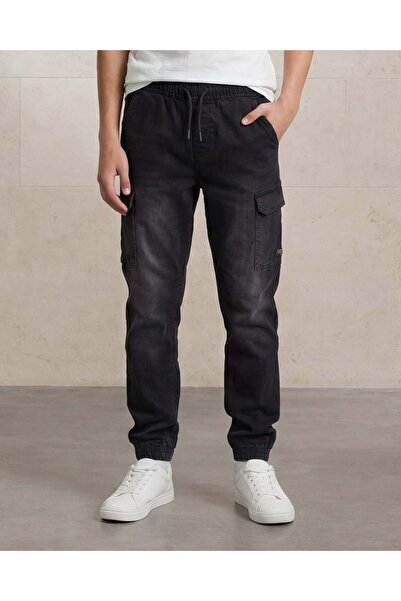 REDTAG Senior Boys Black Knit Denim Cargo Jogger
