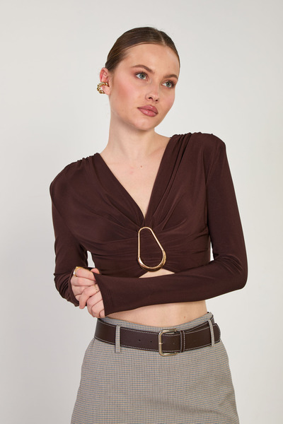 BARRELS AND OIL Women's padded deep v-neck long sleeve bodysuit - bitter coffee