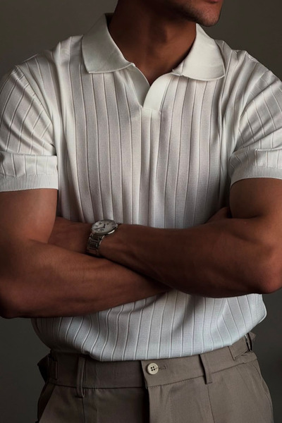 sunfyre Men's Slim Fit Ribbed Polo Collar Short Sleeve Knitwear T-Shirt Sun286