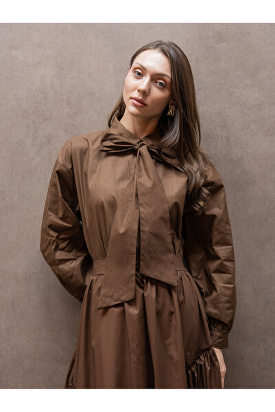 KÜÇÜĞÜM BUTİK Cămașă din poplin maro cu detaliu de legătură