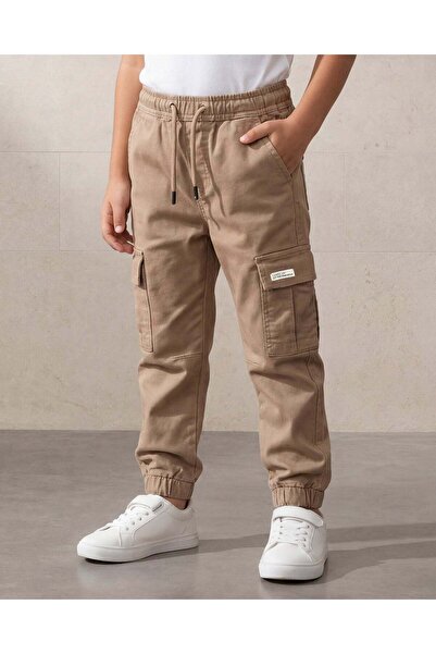 REDTAG Boys Brown Knitted Denim Cargo Joggers