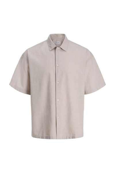 Jack & Jones Ανδρικό oversized Με κοντό μανίκι πουκάμισο, από μείγμα Λινό , μπεζ