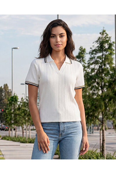 REDTAG Women White Jacquard Polo T-shirt