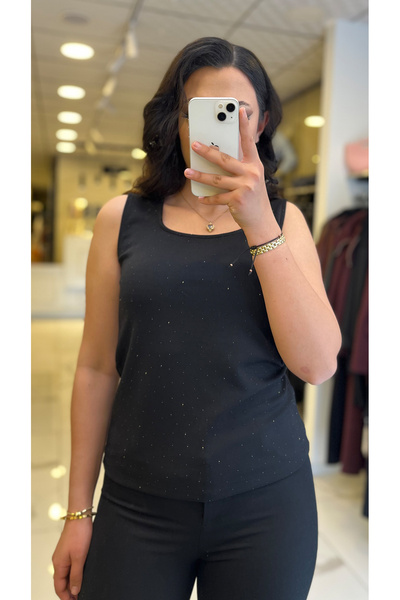 Vosse İndigo Siyah Kare Yaka Taşlı Atlet