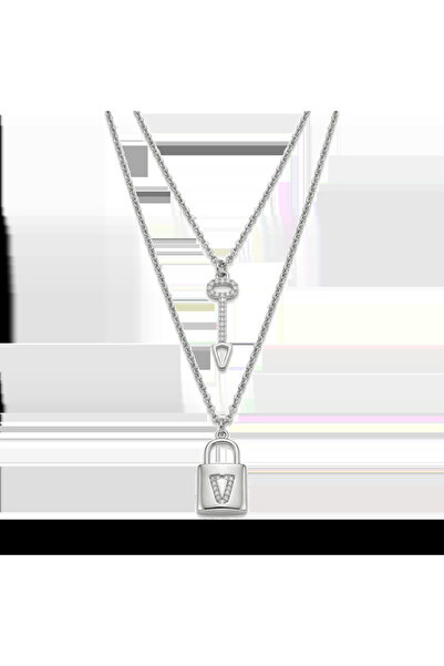 neslyaccessories Double y model key and lock detailed necklace-silver