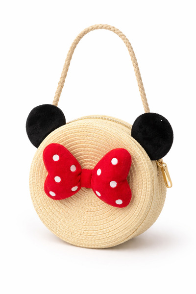 Memo Minnie Mouse Girls' Round Natural Straw Bag with Red Bow and 3D Ears, Ho...