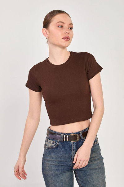 BARRELS AND OIL Women's Crew Neck Ribbed Bodysuit - Bitter Brown