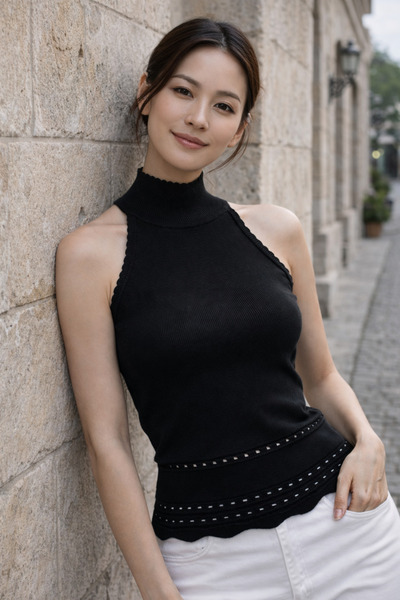 AQE FASHION Bluză tricotată pentru femei, neagră, cu guler înalt, fără mâneci...