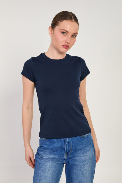 BARRELS AND OIL Women's Crew Neck Short Sleeve Bodysuit - Navy Blue