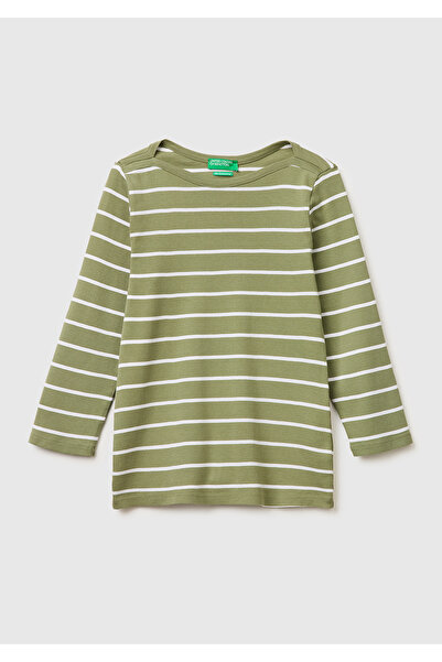 United Colors of Benetton Women's Green 100% Cotton Striped Boat Neck Sweatshirt