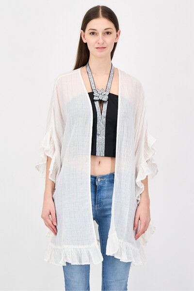 aerie Women Ruffle Sleeve Stripe Open Front Kimono, White
