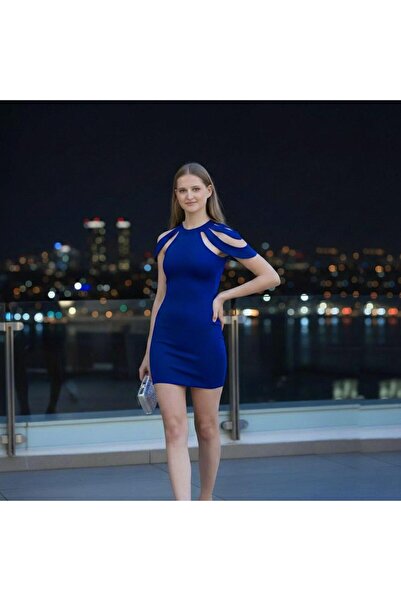 Modafeminen albastru cobalt elastic Rochie mini din material textil cu umeri ...