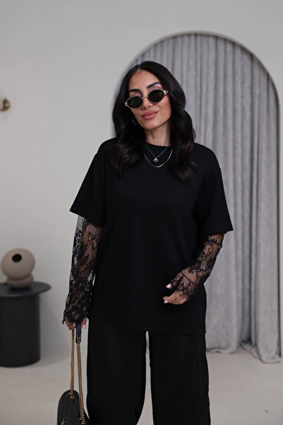 My Blog Black Sleeves Lace Detailed Tshirt - 1049