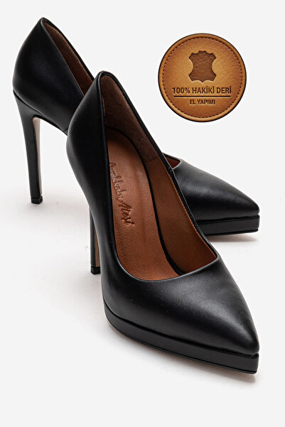 Ayakkabı Ateşi Genuine Leather Women's Black Leather Platform Heeled Shoes Po...