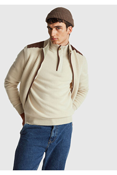 United Colors of Benetton Men's Cream Wool Blend High Collar Half-Zip Knitwea...