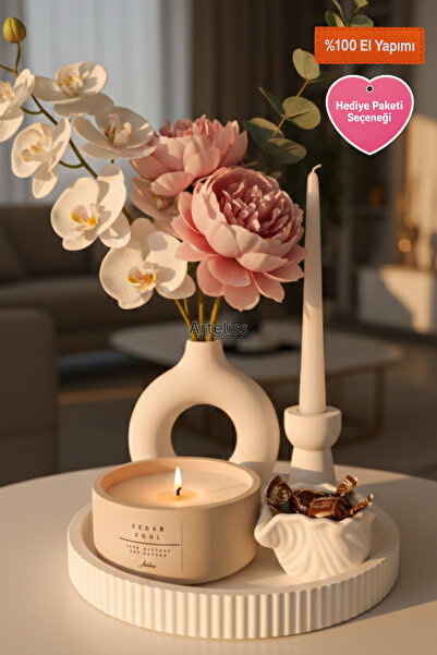 Arteliss Premium Dekoratif Tepsi Seti – Vazo, Şamdan, Sedir Kokulu Mum ve Obj...