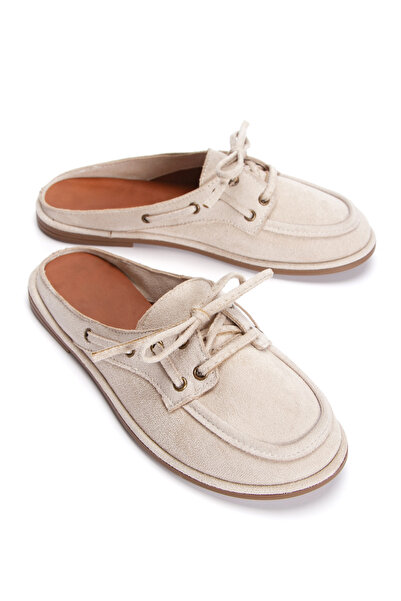 PASSAGE SHOES Women's Suede Lace Detailed Casual Slippers 6345 Beige Suede