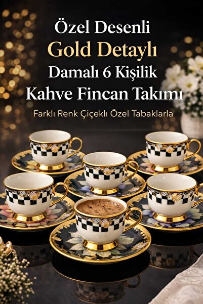 Ogeda Home Porselen Gold Ayaklı Renkli Tombul Dama Desenli 6’lı Türk Kahve Fi...