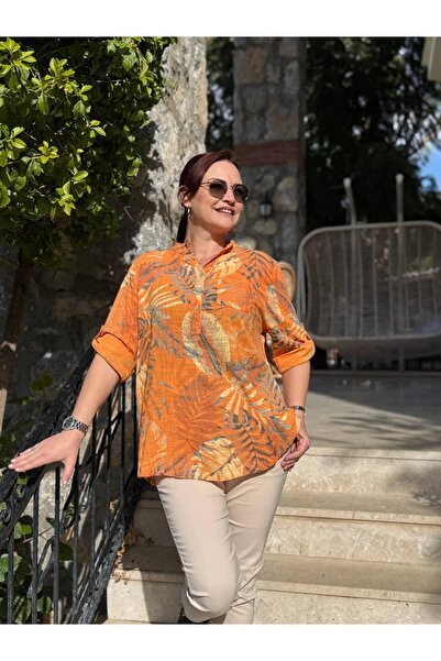 Punta Otantik Yg14030 Italian Three Button Cotton Linen Blouse Orange