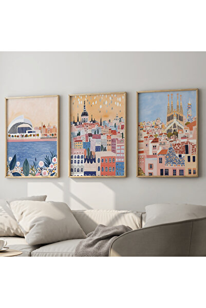 NN DECOR Minimalist Suluboya Şehirler - Barcelona, Madrid, Valencia - Doğal A...
