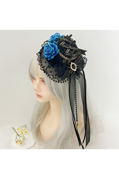 Choice5 قبعة سوداء زرقاء سماوية بنمط غوثيك لوليتا، مشابك شعر مزينة بزهرة الور...