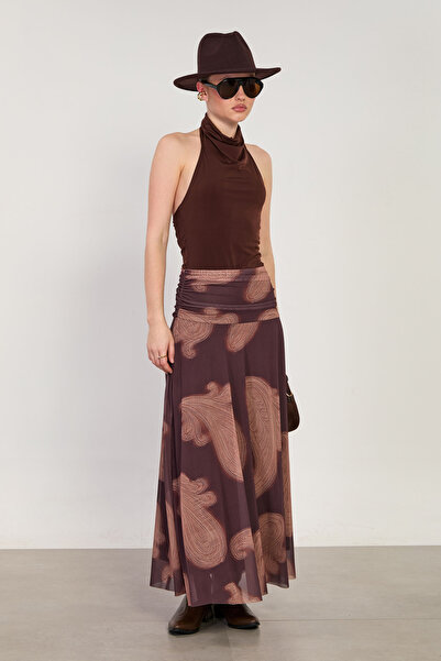 BARRELS AND OIL Women's wave pattern draped waist tulle skirt - coffee