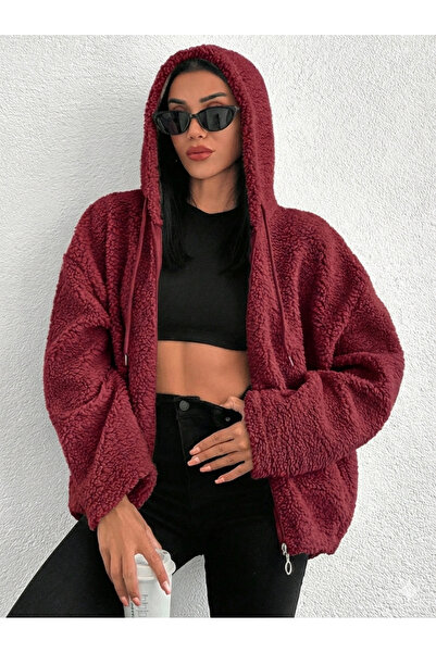 BLUSS Women's Burgundy Plush Teddy Fabric Hooded Cardigan with Zipper Fleece-...