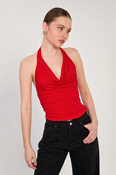 BARRELS AND OIL Women's degaje collar halter neck blouse - red