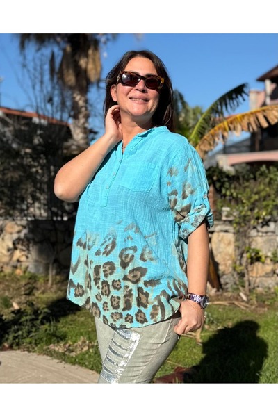 Punta Otantik Yg14025 Italian Three Buttons Cotton Linen Blouse Blue