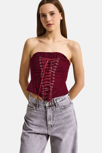 it's basic Women's Burgundy W5 Crop Bird's Eye and Lace Detailed Straptez Spe...