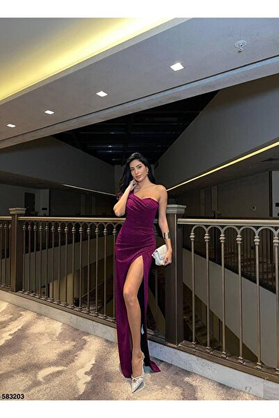 Modafeminen One-Shoulder Slit Flowers Fabric Dress Light Purple 583203