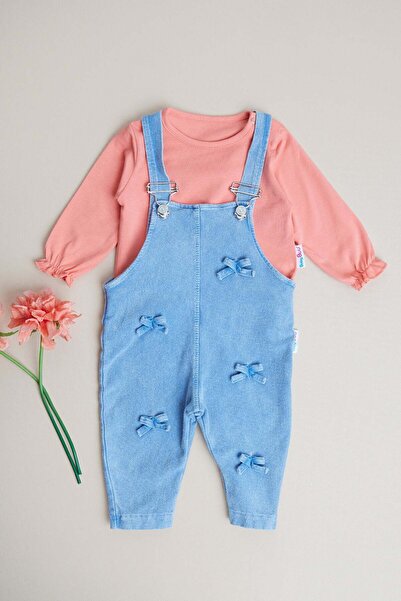 Fulla Moda %100 Pamuk Kurdele Detaylı Kot Kız Bebek Salopet Takımı