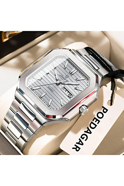 Choice1 ساعة يد رجالية مربعة الشكل فضية وبيضاء أنيقة مقاومة للماء، مزودة بإضا...