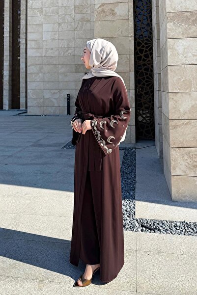 MELEK ARAZ Premium Embroidered Volan Sleeve Abaya Set — Brown