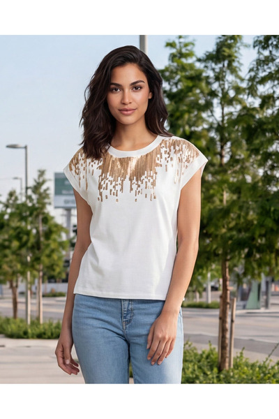 REDTAG Women’s Ivory Sequin Embellished Crew Neck Top