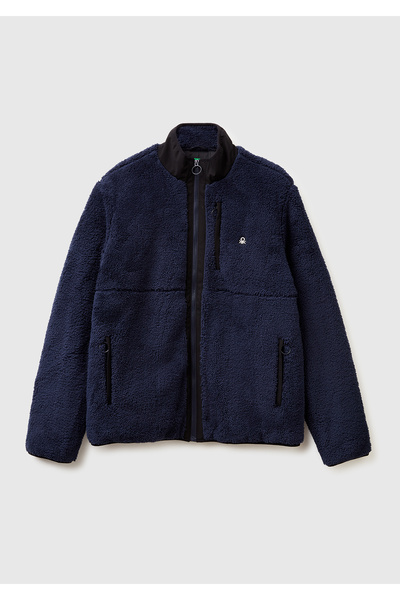 United Colors of Benetton Men's Navy Blue Fleece Jacket with Embroidered Logo...