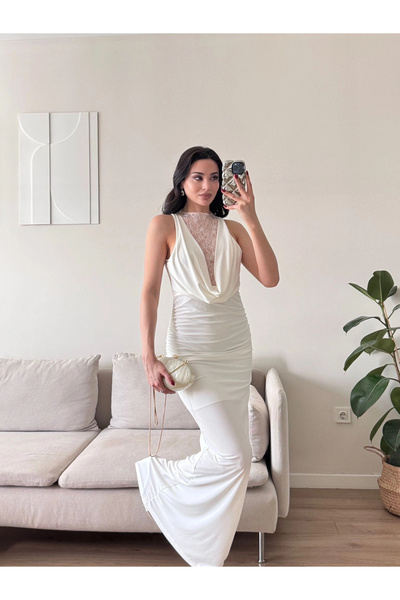 Zoom Butik Degaje Yaka Dantel Detay Elbise - BEYAZ
