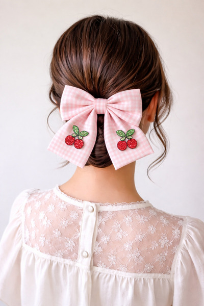 Katia&Bony Gingham Bow with Cherry Accessories Automatic Buckle Light Pink