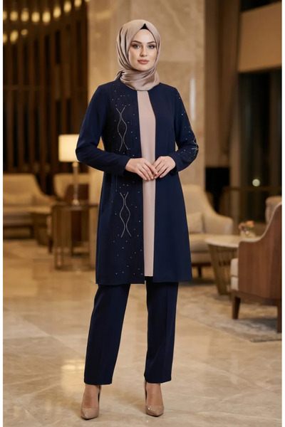 sefamerve Stone Embellished Hijab Double Set 6304-02 Navy Blue