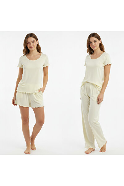 BONBON Women's Yellow Color Short Sleeve Pajamas and Shorts 3-Piece Cotton Se...