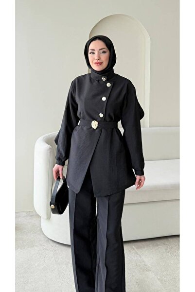 Molly Nelly Kadın Arkası Şal Detaylı Şık Kemerli Tunik Pantolon Takım