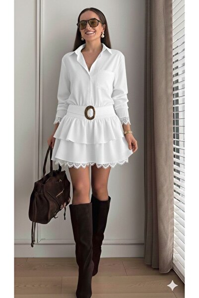 GLAMSI Dress with a belted waist and elegant Lace inserts