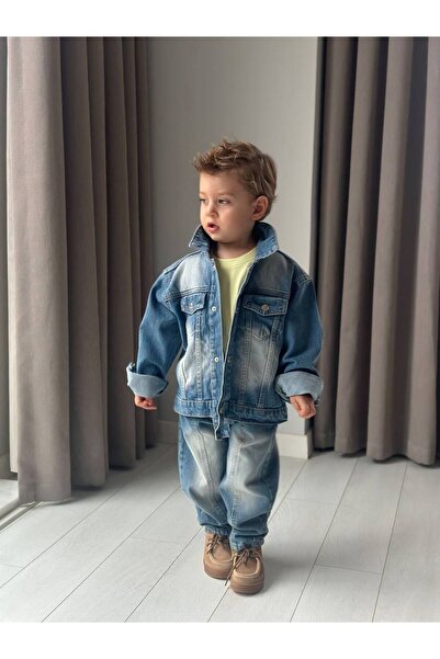 İpek Baby طقم سترة وبنطلون من قماش الدنيم الأزرق القطني للأولاد من قطعتين