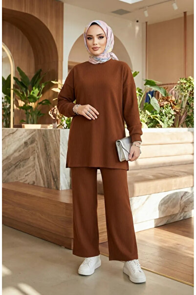 sefamerve طقم بنطلون تونيك من القماش المضلع مكون من قطعتين 5570-08 بني